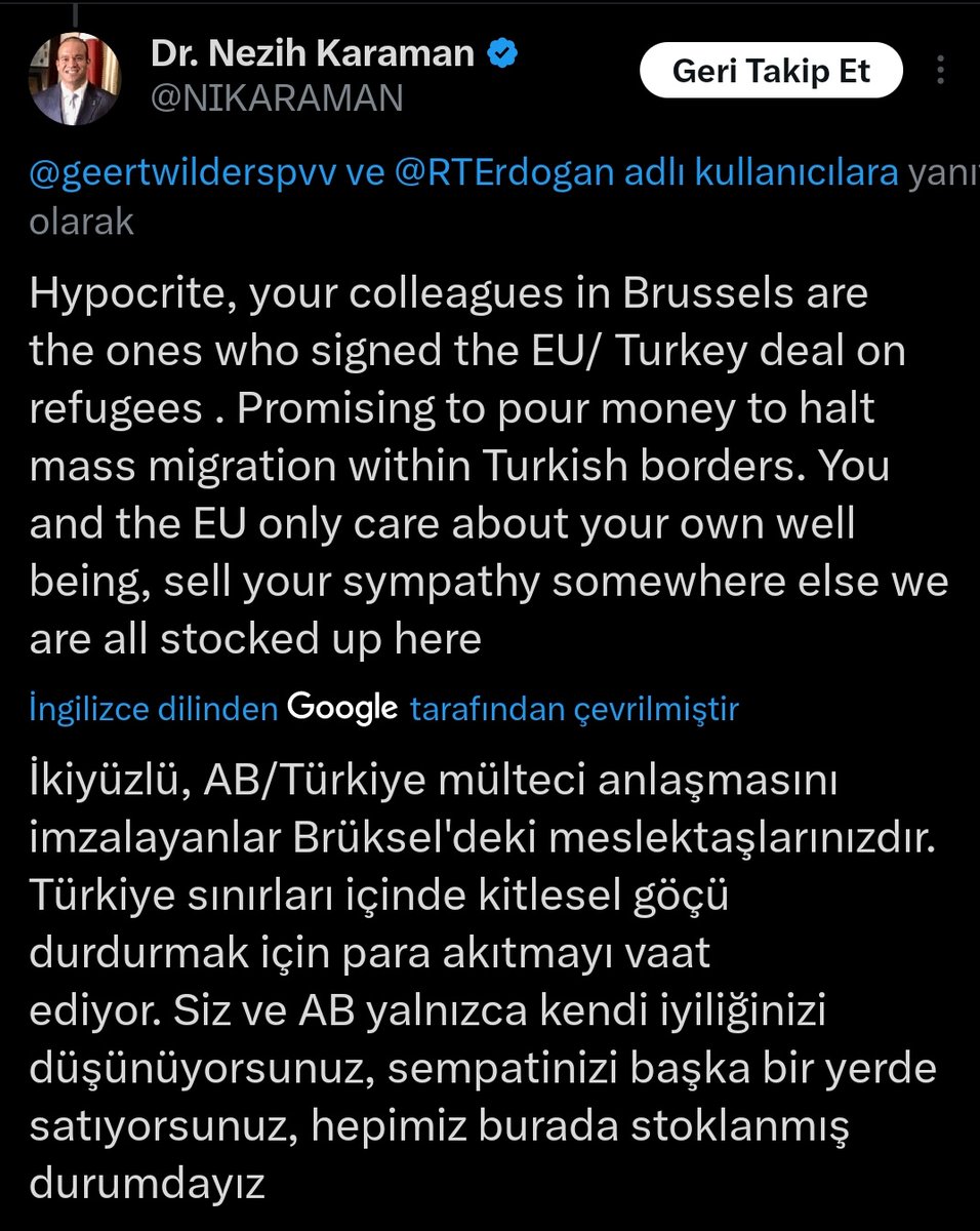 🗣Zafer Partisi Gn. Bşk. Yrd. Nezih İlter Karaman, Geert Wilders'a yanıt verdi:

'İki yüzlü, AB/Türkiye mülteci anlaşmasını imzalayanlar Brüksel'deki meslektaşlarınız. Türkiye sınırlarındaki kitlesel göçü durdurmak için para akıtmayı vadediyor.

Siz ve AB sadece kendi iyiliğinizi…