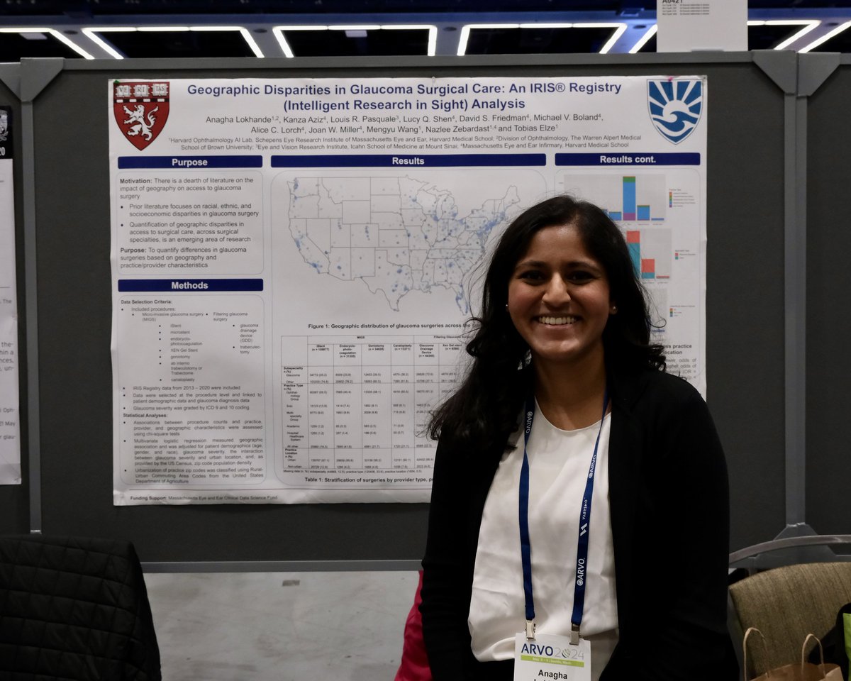 Grateful to have presented my IRIS Registry project on geographic disparities in #glaucoma surgery access at #ARVO2024 🗺️👁️ Many thanks to @DrZebardast for her incredible mentorship! And much gratitude to @HarvardOphAI/@HMSeye!