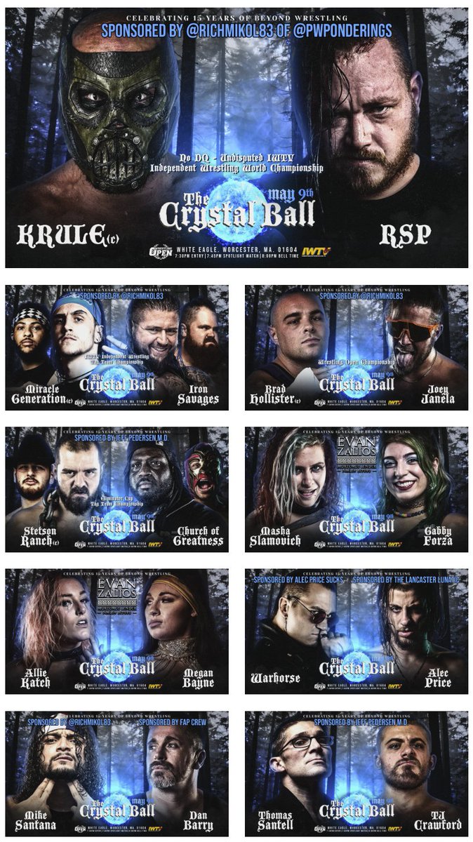 Cannot thank tonight's 'Crystal Ball' sponsors enough! - @richmikol83 - @BigEvMortgages - @Pentozali9 - @buddmanjr88 beyondwrestlingonline.com/crystalball And of course @MissionCan, @jerseymikes, @DnAsEvolution who present @WrestlingOpen every Thursday forever on @indiewrestling at 8pm ET.