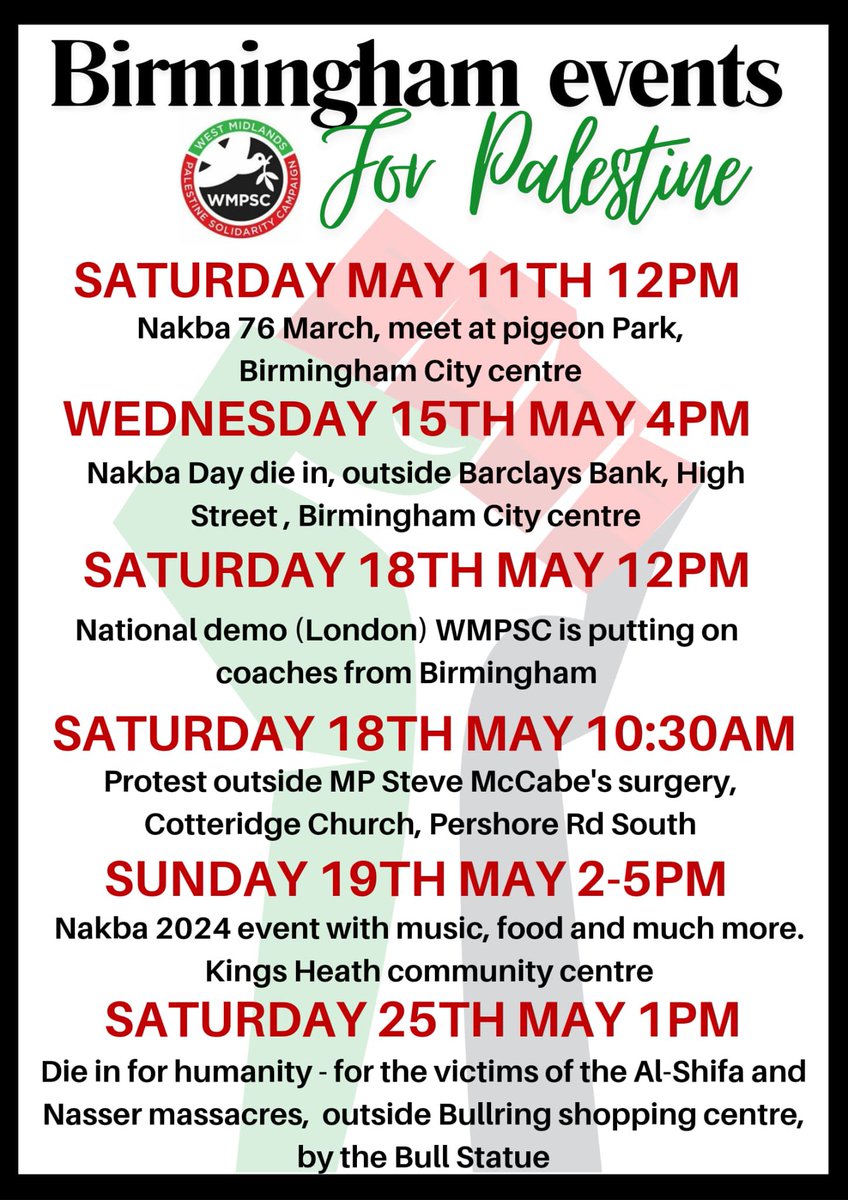 🇵🇸🇵🇸🇵🇸
Birmingham events for Palestine 
#EndtheGenocide #EndtheOccupation