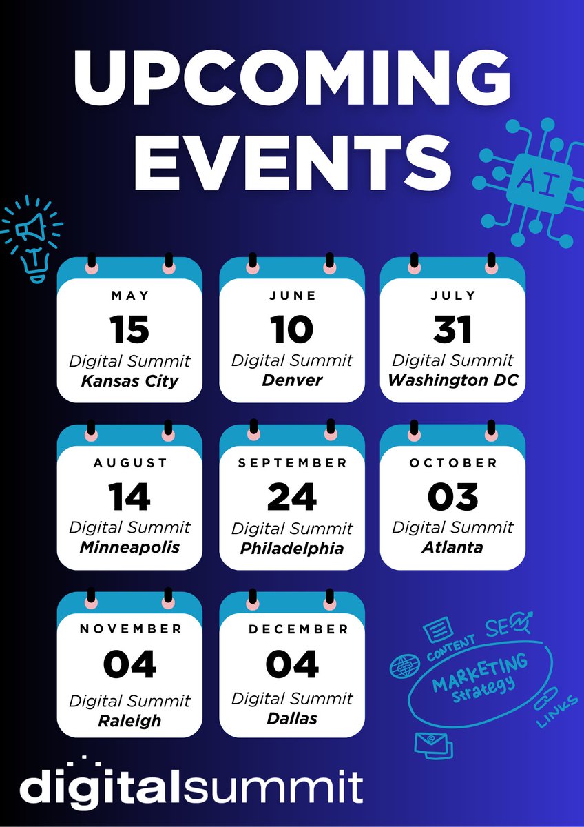 Digital Summit is proud to bring an unmatched series of events across multiple locations featuring thought leaders from Google, The Kansas City Chiefs, Amazon, LinkedIn, and more.

Digital Summit provides it all, whether you're looking to learn about AI, gain insights about