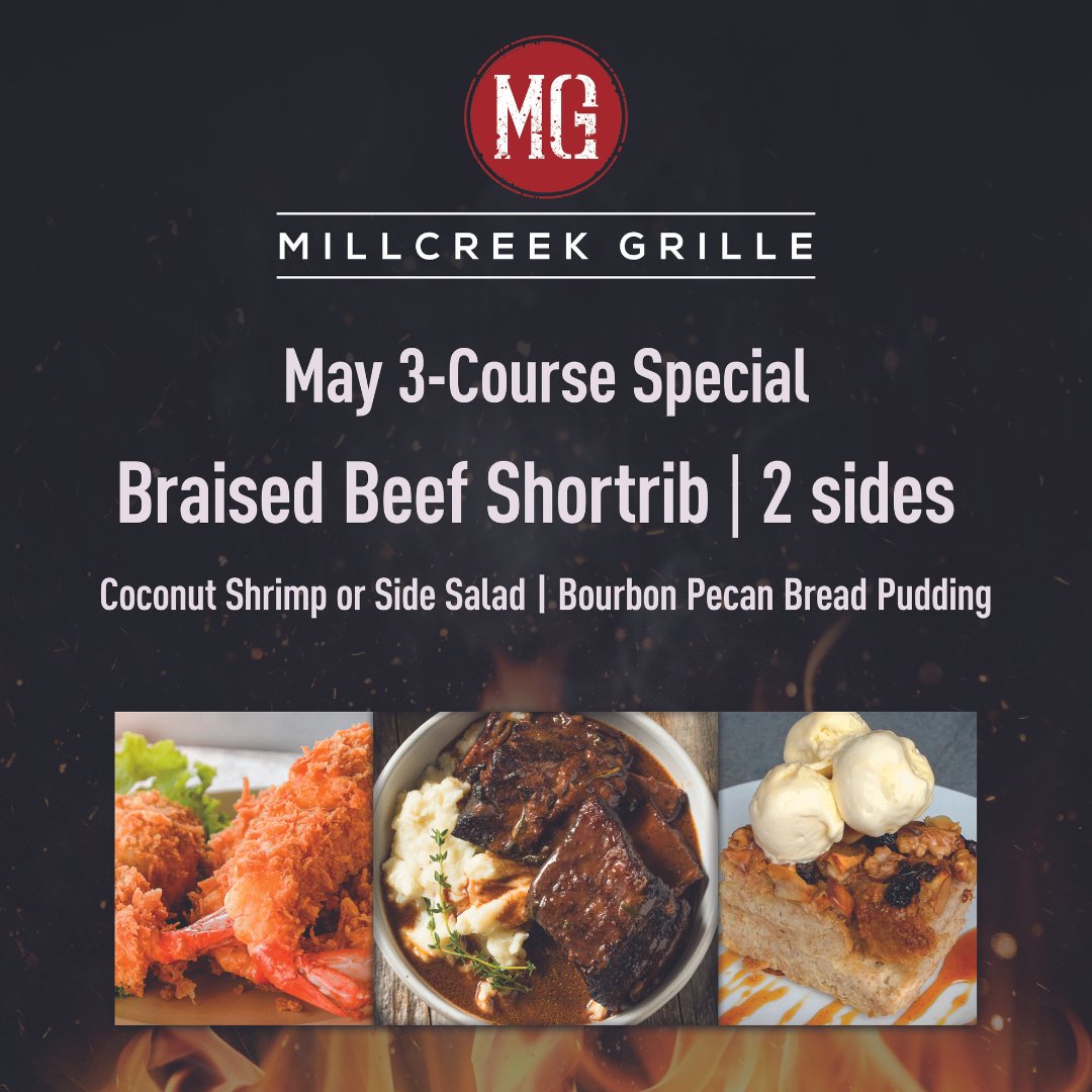 Spice up your date nights with our May 3-Course Special at Millcreek Grille! 🌟 And make Thursdays extra special with our Prime Rib Night feature! 🥩 Reserve your table today! 🔗 : bit.ly/mcg_reserve