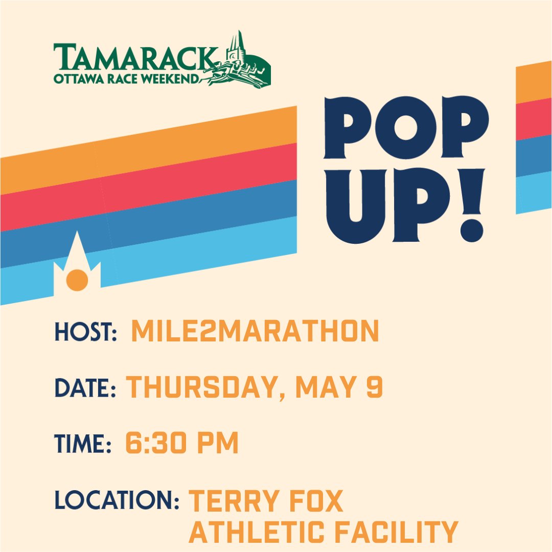 You're invited to a @OttawaRac Wknd Pop Up with @Mile2Marathon at the Terry Fox Athletic Facility, 2960 Riverside Drive, at 6:30pm TONIGHT, Thursday, May 9! Join your running community for a fun evening as we count down to Tamarack Ottawa Race Weekend 2024!