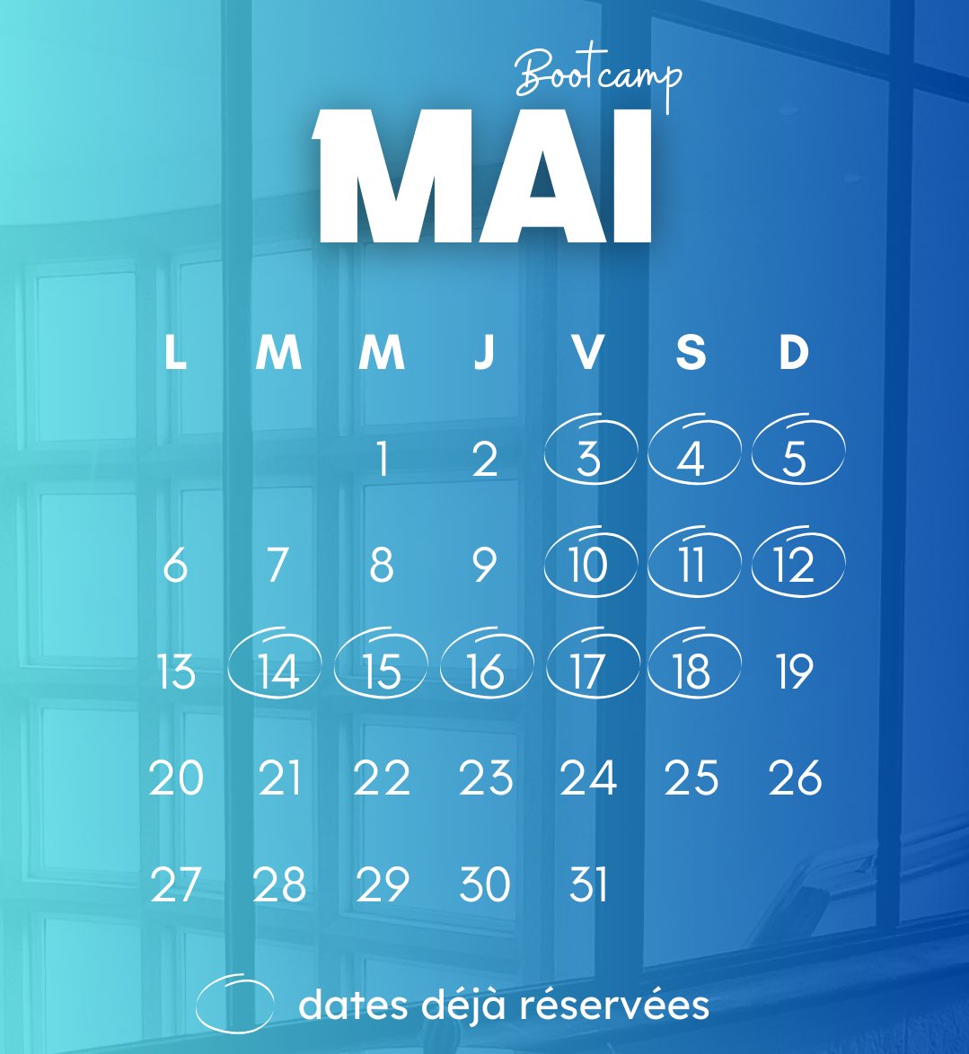 🗓️ RÉSERVE TON BOOTCAMP 🗓️

Voici les dates dispo pour le mois de mai 😎 

Si tu réserves ton bootcamp ce mois-ci pour les mois de juin ou juillet, bénéficie de -10% de réduc’ sur ton séjour* ✅

* Valable uniquement en mai 

Be careful, ca part vite 🚀