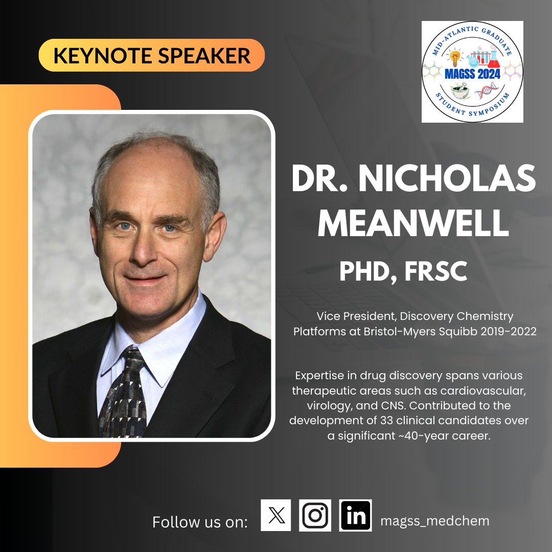 We are excited to announce our keynote speaker, Dr. Nicholas A. Meanwell. 
Registration link: commerce.cashnet.com/MAGSS?itemcode…

#magss2024 #medicinalchemistry #duquesneuniversity