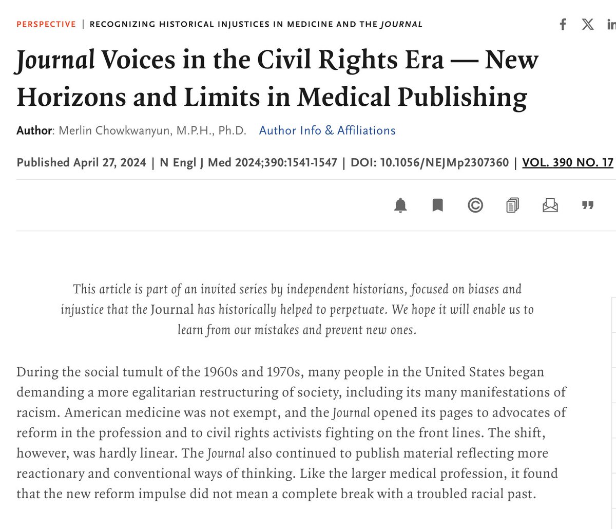 I participated in the @NEJM’s ongoing examination of its own role in “perpetuating bias and exclusion.” My contribution, on how the journal reacted to the civil rights movement, is pasted below. Some highlights 🧵1/10 nejm.org/doi/full/10.10…