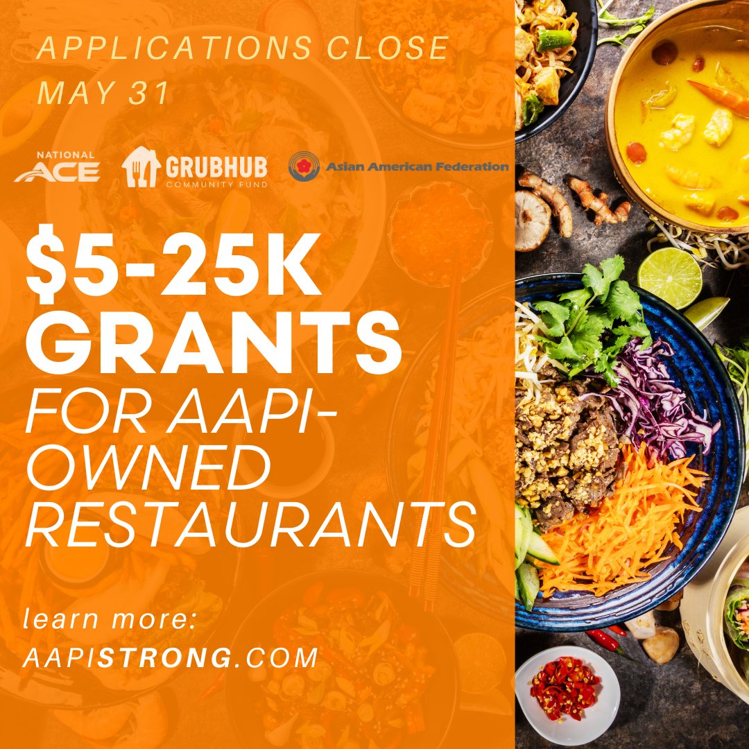 Grant applications are open for the AAPISTRONG Restaurant Fund, a program to support independent, AAPI-owned restaurants across the US! We're excited to partner with @NationalACE on these $5k-25k grants to invest in & uplift AAPI restaurant owners. Apply: AAPISTRONG.com