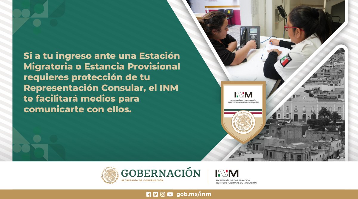 Durante la permanencia de las personas #migrantes en la #EstaciónMigratoria o #EstanciaProvicional podrán contactar ☎️ a su representación consular.
#INMContigo