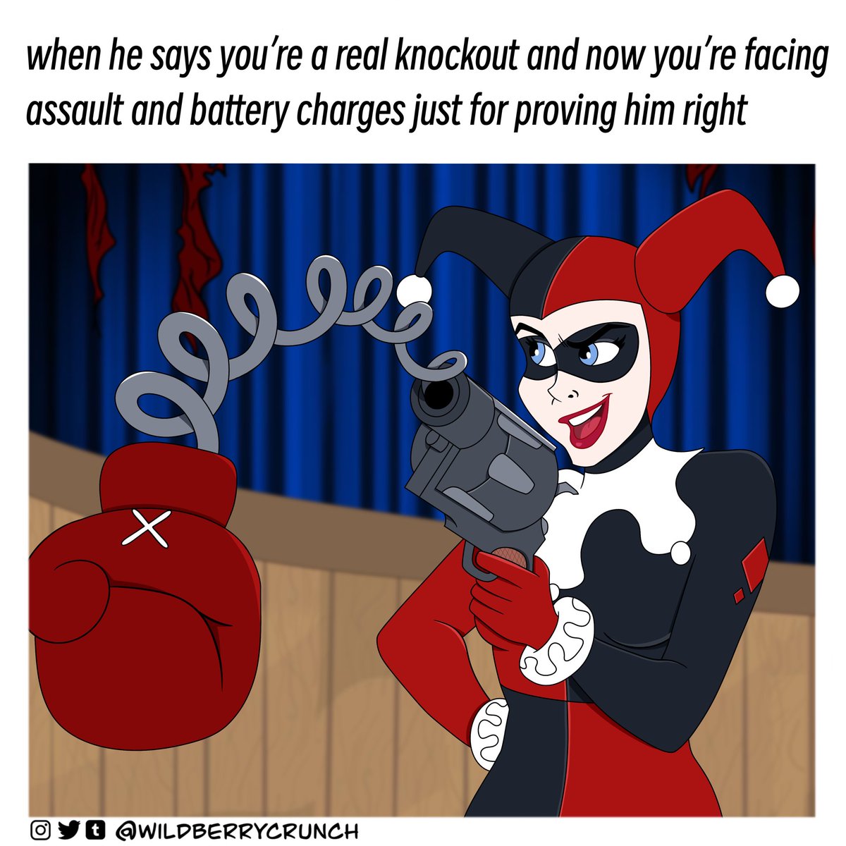 wildberrycrunch's tweet photo. A real knockout!  
  
I have one million unfinished WIPs but quinnposter memes on Reddit are infecting my brain.  
  
#harleyquinn #fanart #disneystyleart https://t.co/SyrtqkexZO