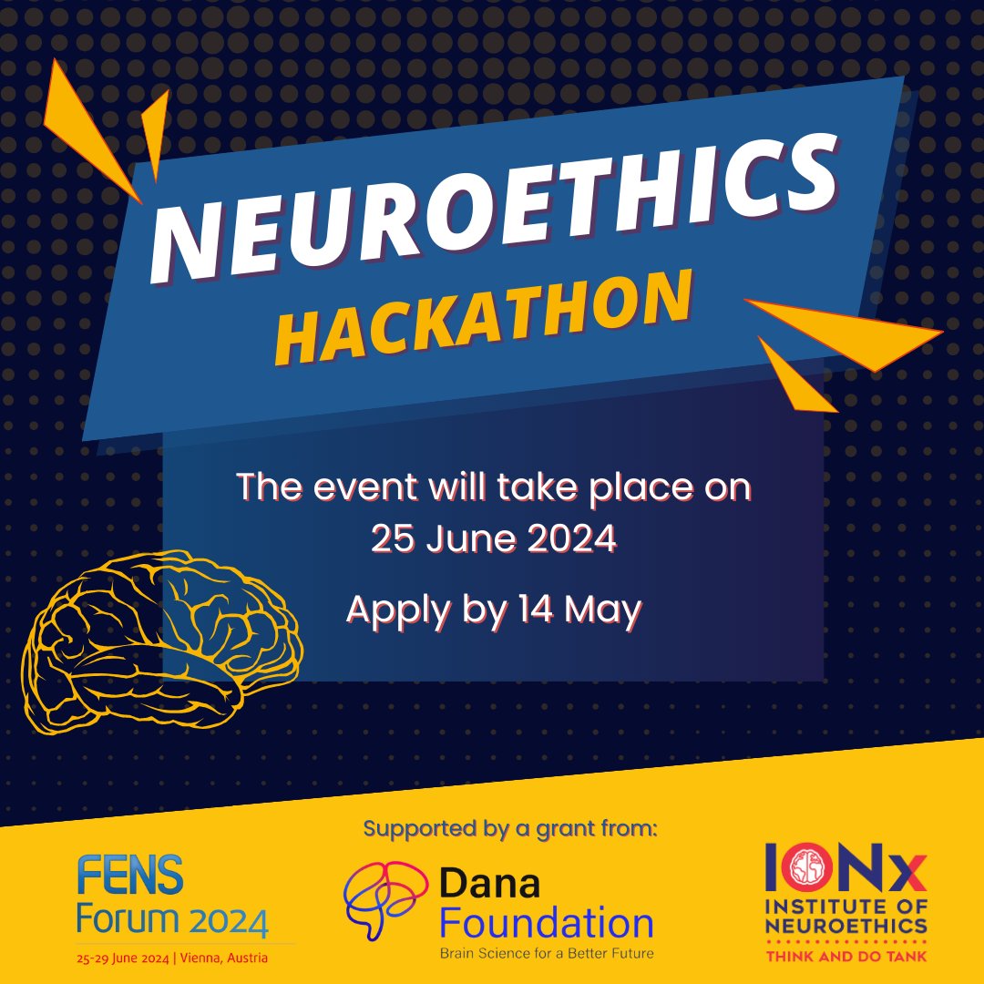 Reminder! Apply by May 14 for the #FENS2024 Neuroethics Hackathon to join the debate on AI-powered #neuroscience. #neuroethics #neurosociety #AI #neurotech @FENSorg fensforum.org/hackathon-ethi…