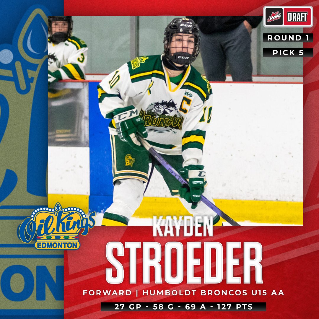 With the fifth overall pick at the 2024 #WHLDraft, the @EdmOilKings select Kayden Stroeder from the Humboldt Broncos U15 AA.