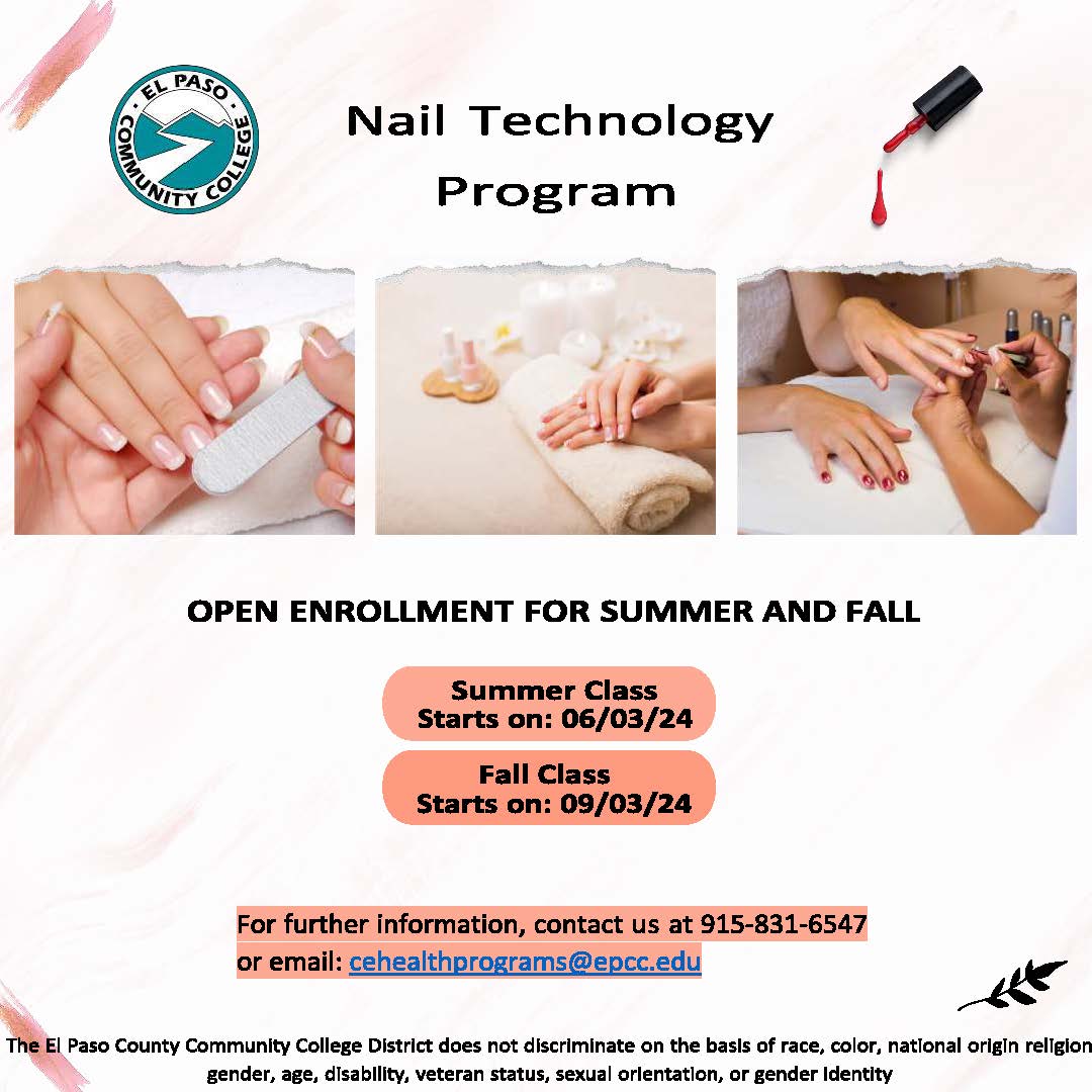 Get your hands on a great career. Registration for EPCC Nail Technology’s Summer and Fall Semesters are now open. Don’t wait, summer classes begin June 3rd.  For more information call (915)831-6547 or email cehealthprograms@epcc.edu.