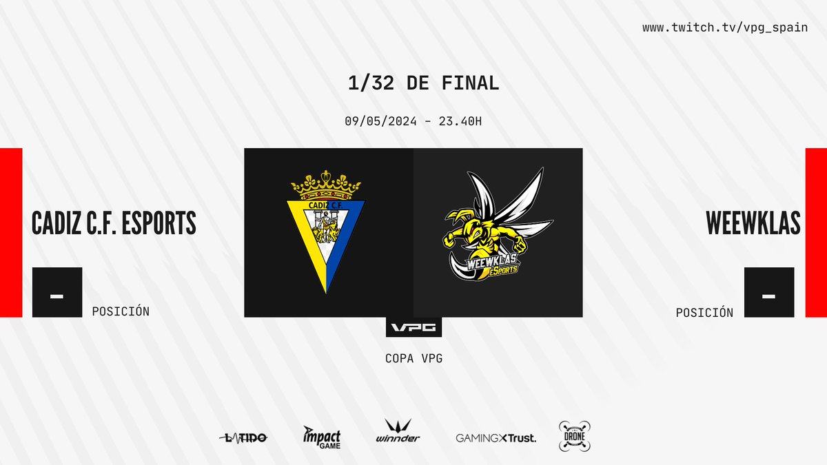 📌¡Jueves es día de Copa VPG y tu cuerpo lo sabe! 📲 @Cadiz_CFESports 🆚 @WeewKlas ⏰Inicio de partido: 23:45 🎙️ @LeonidasMadiba y @RoberEsp 🔗twitch.tv/vpg_spain #SomosTuLiga @WINNDERcom @Trust_Spain @impact_game @latidoshop @stockdrones