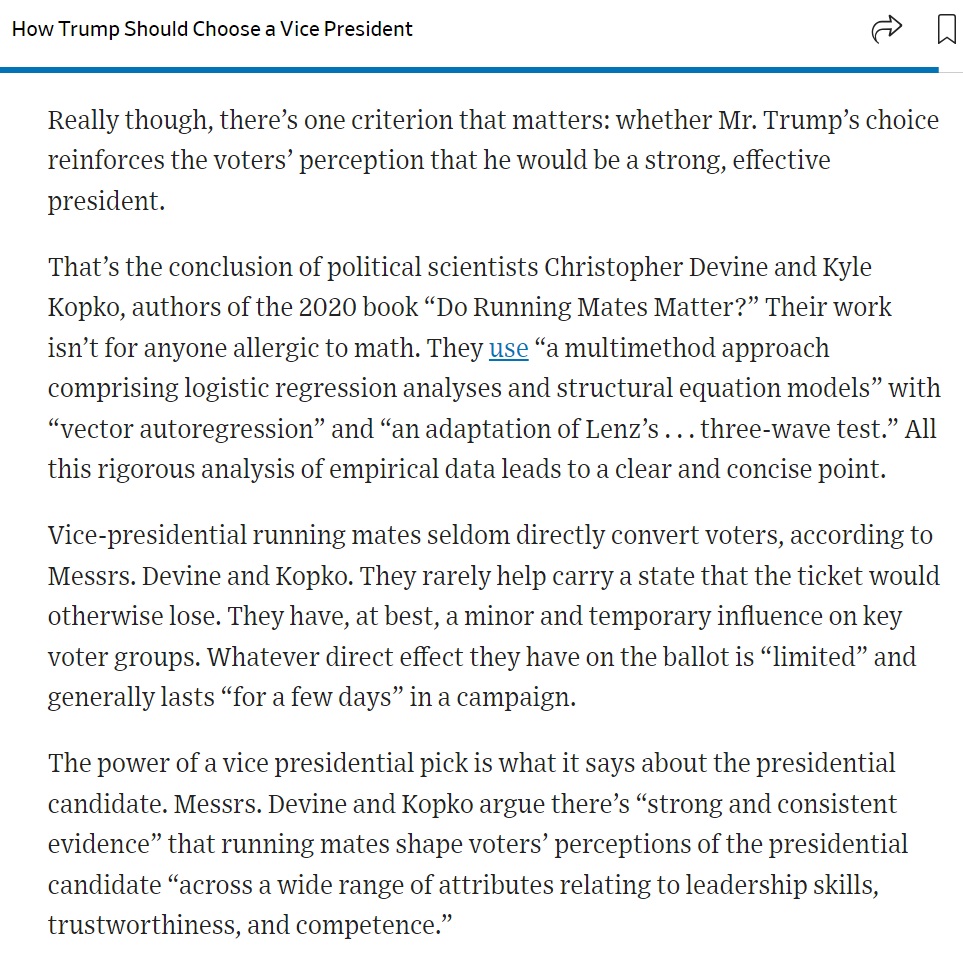 Thank you @KarlRove for this excellent discussion of my book w/ @KyleKopko ('Do Running Mates Matter?') in today's @WSJ. Sound advice here on 'How Trump Should Choose a Vice President.' wsj.com/articles/how-t…