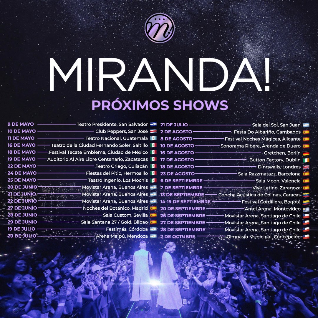 Próximos shows, con escala en 13 países ✈️🌎 Atentxs que se vienen nuevos destinos 🎉 🎟️ Entradas en mirandaenvivo.com