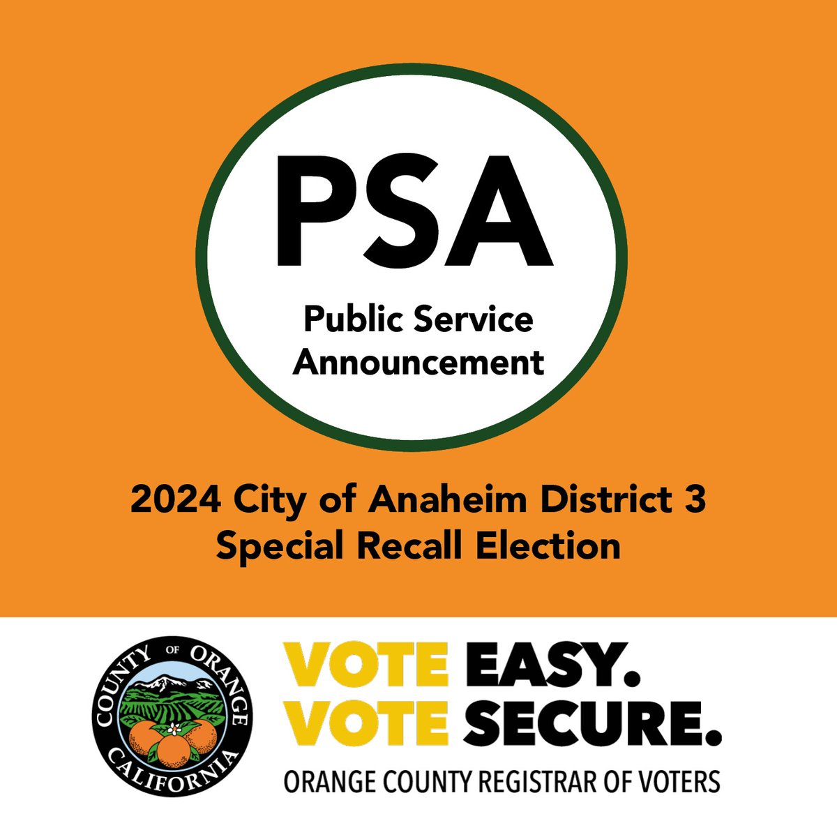 The Orange County Registrar of Voters is committed to protecting each voter’s right to cast a ballot easily and securely and has developed a Public Service Announcement (PSA) for the 2024 City of Anaheim District 3 Special Recall Election. Please visit: bit.ly/4b7Lj6r