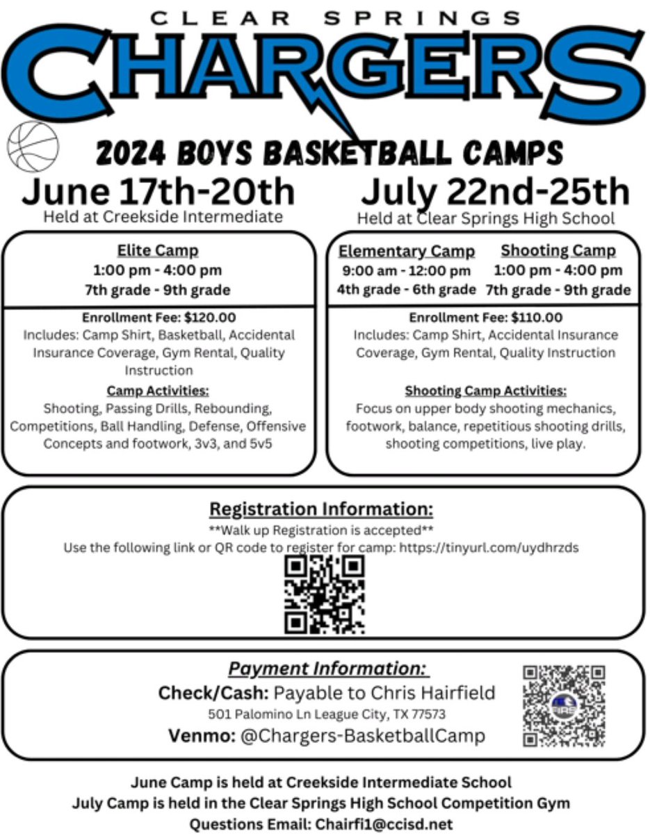 Updated dates for the Clear Springs Boys Basketball Summer Camps! Camps are for incoming 4th-9th grade boys. 💙🏀⚡️

#TeamFirst 
#BoltUp 
@CSpringsbball