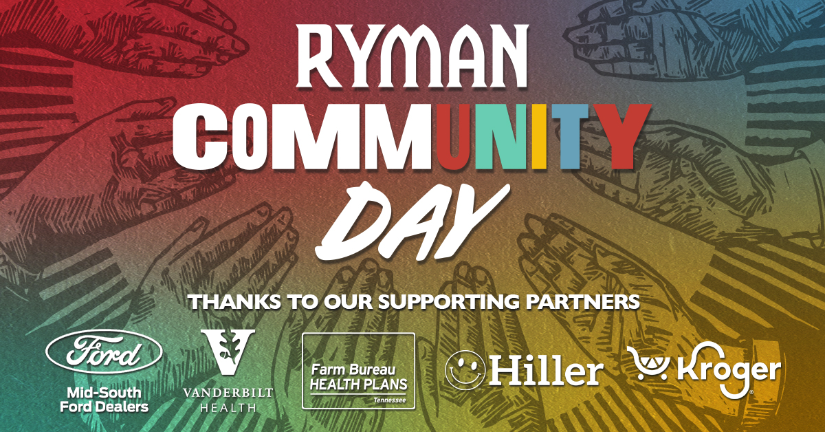 Ryman Community Day returns on May 26 from 9 AM - 4 PM! Join us on #PNCPlazaAtTheRyman for: 💒 free tours 👪 family-friendly events 🍻 food and drinks 🎶 live music Brought to you by our friends at @MidSouthFord, @VUMChealth, @FBHealthPlans. @HappyHiller, and @kroger 👏