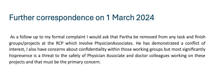 11 'complaints'-all from PA colleagues to @RCPhysicians Reviewed by RCP Decision: 'No current grounds to proceed with investigating these complaints further' An excerpt from one of them My concern is about safety based on lack of scope/regulation etc Don't make it personal.