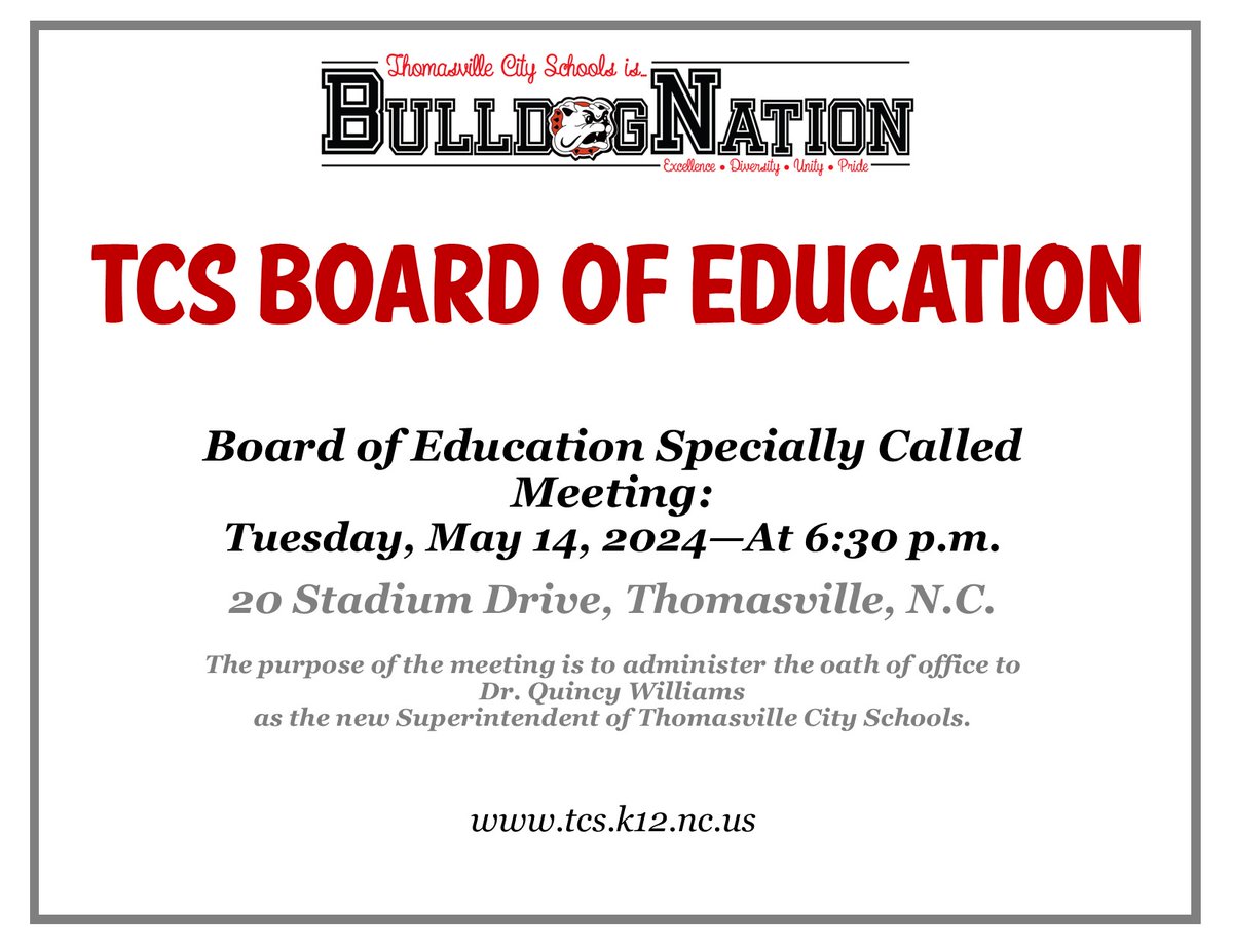 Join us as the oath of office will be administered to our new Superintendent, Dr. Quincy Williams at a Specially Called Board of Education Meeting on May 14, 2024 at 6:30pm at the Thomasville Aquatics Center. We look forward to welcoming Dr. Williams to our Bulldog Nation!