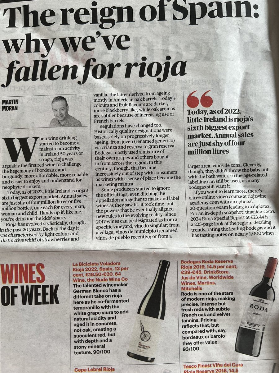 Martin wrote an interesting piece on Rioja in the @SundayTimesFood and selected two of our top wines from the region @grblanco Bicicletta and stylistically from the other end of the spectrum Roda Reserva …..thank you @winerepublic
