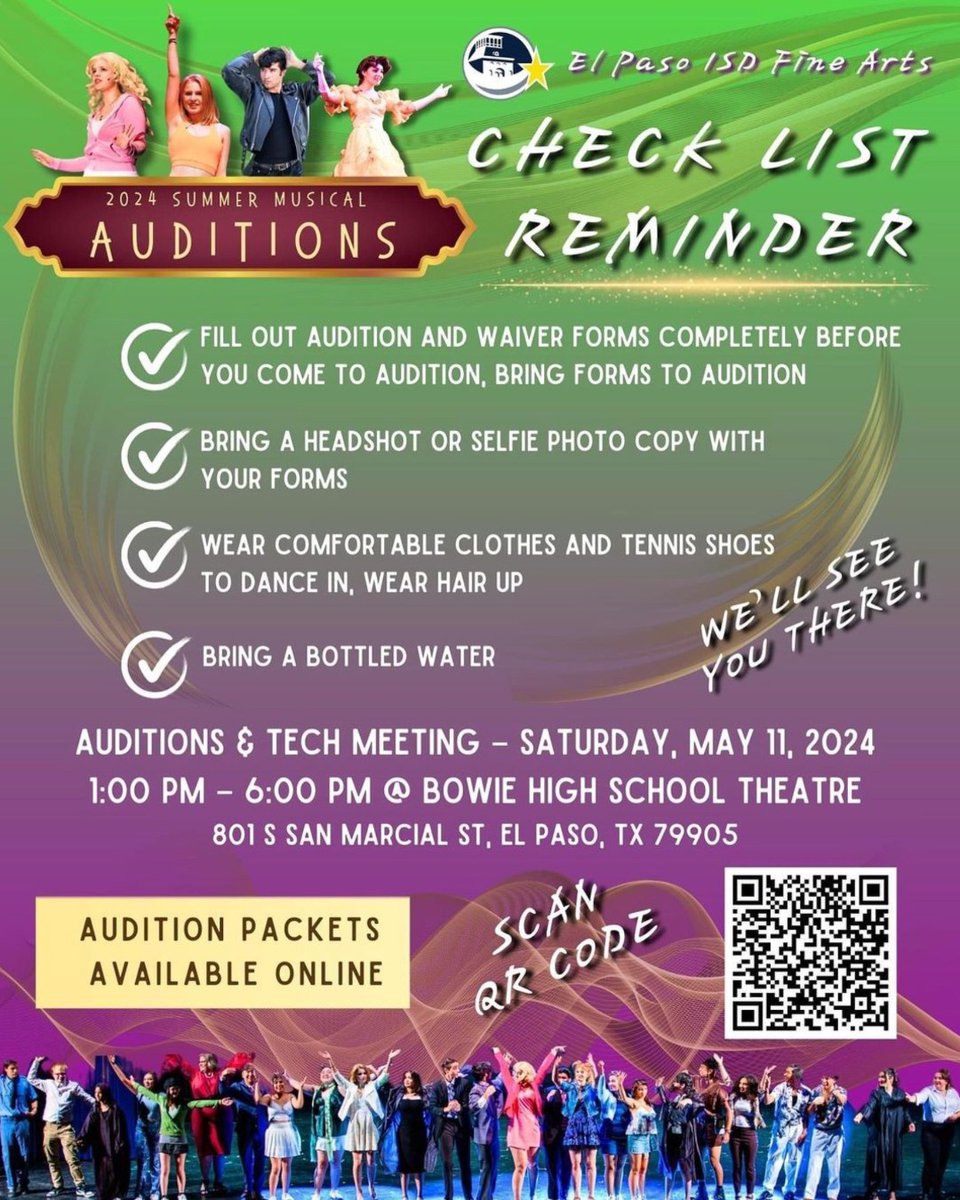 🌟Get ready to audition for the 2024 El Paso ISD Fine Arts Summer Musical!🌟 Auditions will be held from 1 to 6 p.m. Saturday, May 11, at the Bowie High School theater. Open to all El Paso ISD incoming and current high school students. Learn more ➡️ bit.ly/audition_0419