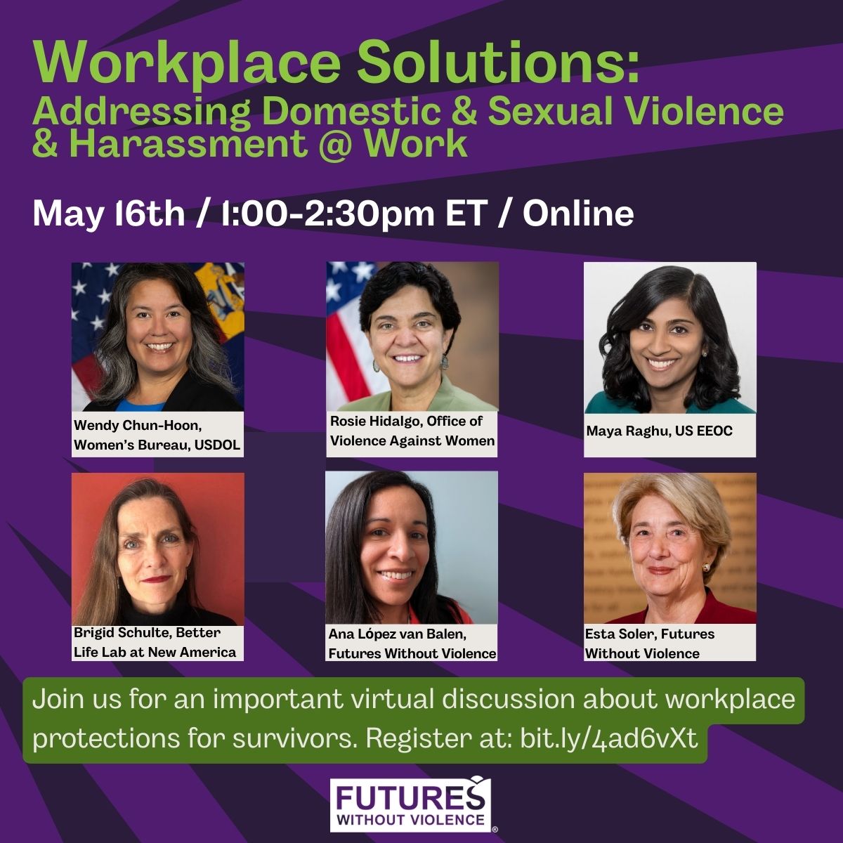 Join us in one week for a virtual event to discuss workplace protections for survivors, featuring Wendy Chun-Hoon @USDOL Rosie Hidalgo @OVWJustice @Maya_Raghu @USEEOC with moderator @BrigidSchulte Director Better Life Lab @NewAmerica REGISTER: us02web.zoom.us/webinar/regist…