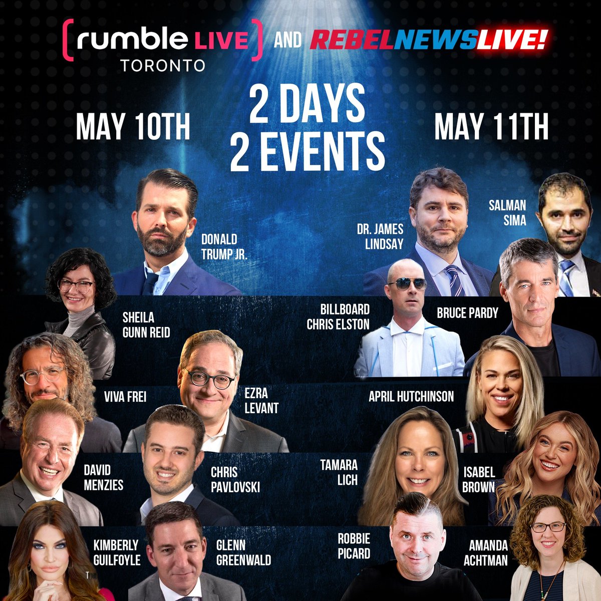 This weekend, join me at the Rumble Live and @RebelNewsOnline in Toronto with very special guest @DonaldJTrumpJr and @SheilaGunnReid @thevivafrei @ezralevant @TheMenzoid @kimguilfoyle @ggreenwald @Lea_Christina4 @LichTamara @theisabelb @AmandaAchtman…