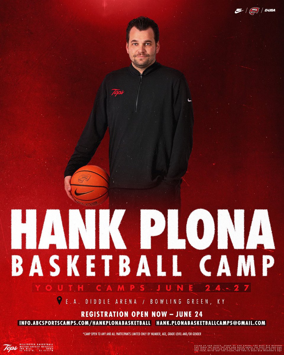 𝗖𝗼𝗺𝗲 𝘁𝗿𝗮𝗶𝗻 𝗹𝗶𝗸𝗲 𝗮 𝗛𝗶𝗹𝗹𝘁𝗼𝗽𝗽𝗲𝗿 🏀 Join Hilltopper Basketball head coach Hank Plona at Diddle Arena this summer for youth basketball camp Registration is open 𝙉𝙊𝙒 through June 24❗️ 🔗 𝘔𝘖𝘙𝘌 𝘐𝘕𝘍𝘖 goto.ps/3WAqs7w #GoTops | @HankPlona_WKU