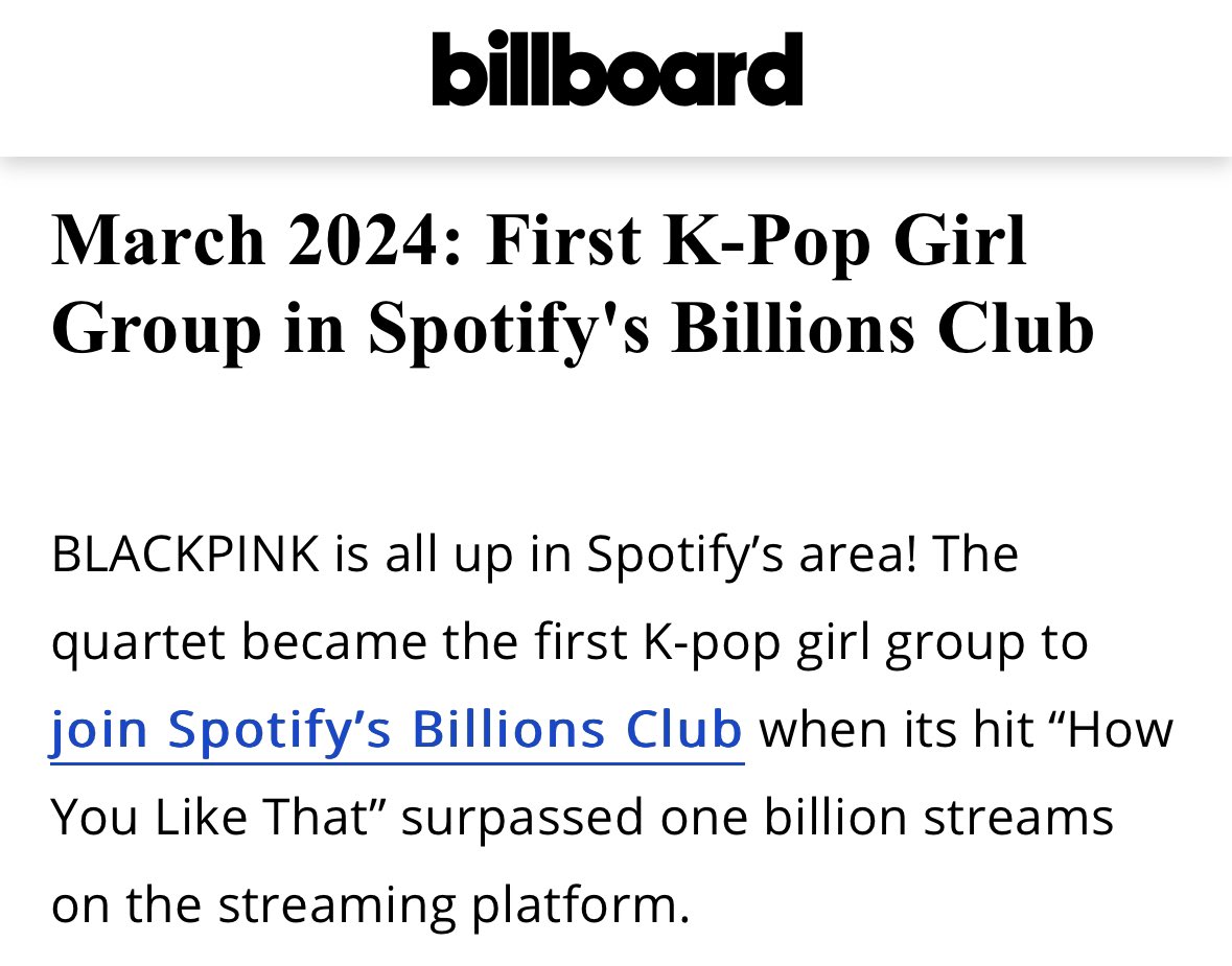 Hi @GWR @gwr_es @craigglenday Please kindly recognize and certify @BLACKPINK’s How You Like That as the FIRST SONG BY A K-POP FEMALE GROUP to have 1 BILLION streams on @Spotify. Thank you!