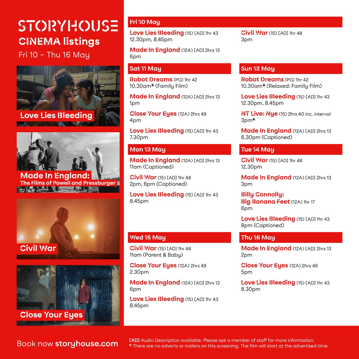 🍿🎉 Happy Film Friday! Check out what's on this week (Fri 10 – Thu 16 May) at Storyhouse Cinema. 📰 Read this week's story on @Letterboxd: boxd.it/X3R 🎟 storyhouse.com/cinema/ #LoveLiesBleeding #MadeInEngland #CivilWar #CloseYourEyes #BigBananaFeet #RobotDreams