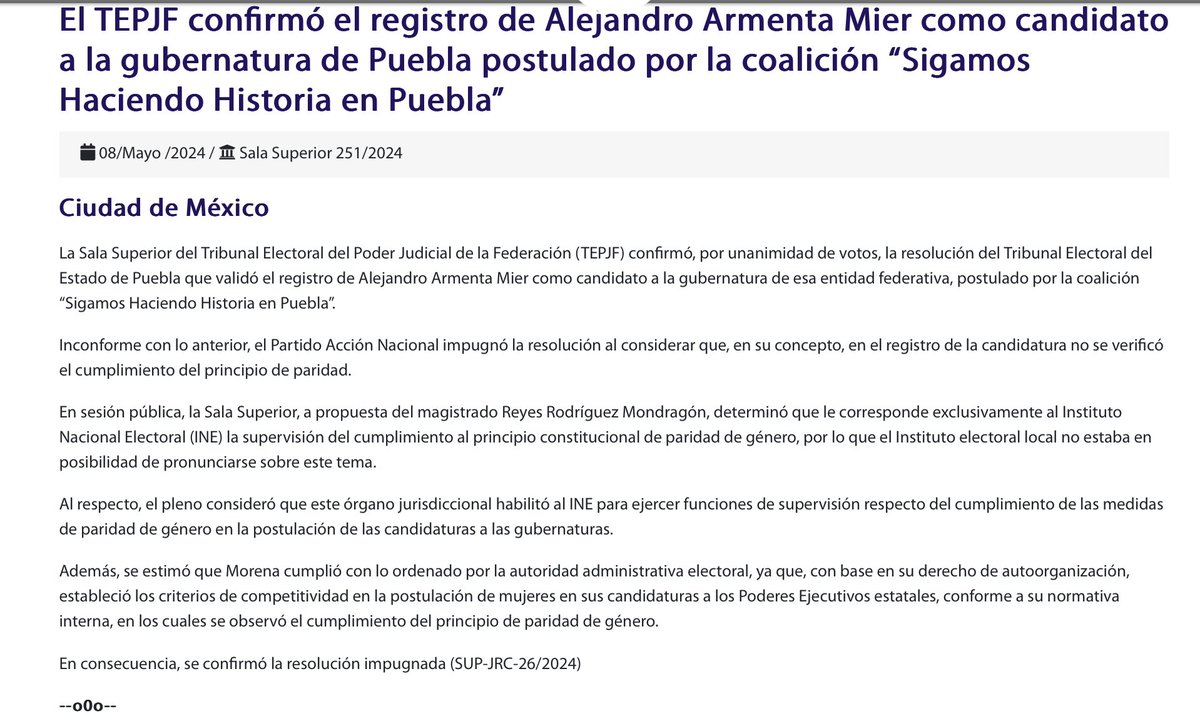 Sala Superior del @TEPJF_informa confirmó el registro de Alejandro Armenta Mier (@armentapuebla_) como candidato por “Sigamos Haciendo Historia en Puebla” a la gubernatura de Puebla. SUP-JRC-26/2024