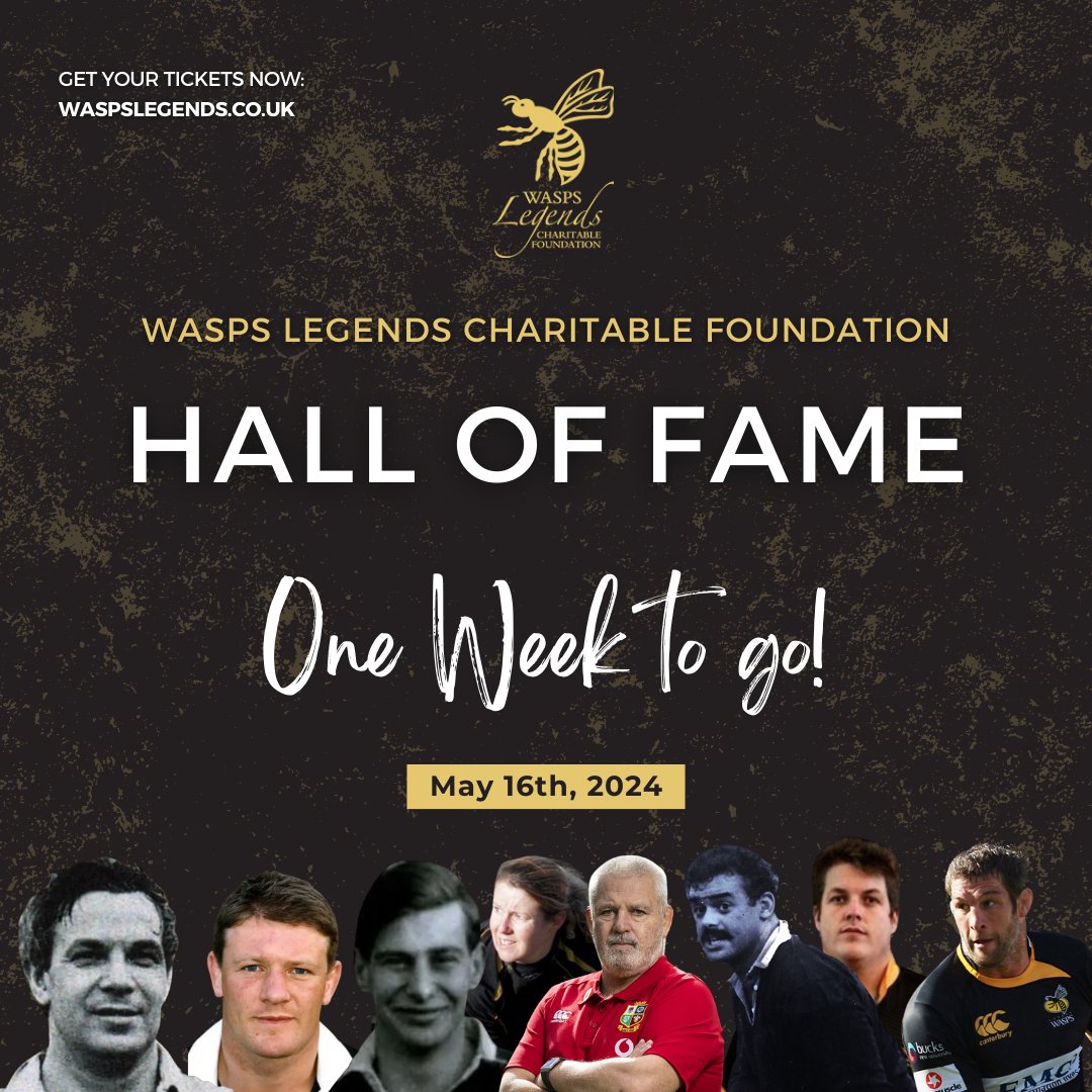 We are just one week away from eight new names joining the pantheon of Wasps greats in our Hall of Fame! Six individuals will don the iconic black and yellow as they are inducted, and two posthumous awards will be given! Limited tickets below: waspslegends.co.uk/events/wasps-l…