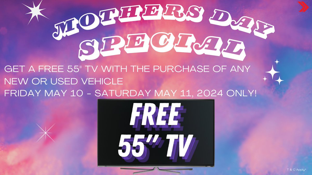 Make this Mother's Day extra special! Treat Mom to a new ride at Kelowna Chrysler and score a FREE 55' TV with your purchase! 🚗💐 Don't miss out, this sweet deal is only valid on May 10th & 11th. Plus, join us on the 11th for a FREE BBQ! #MomApproved #KelownaChrysler