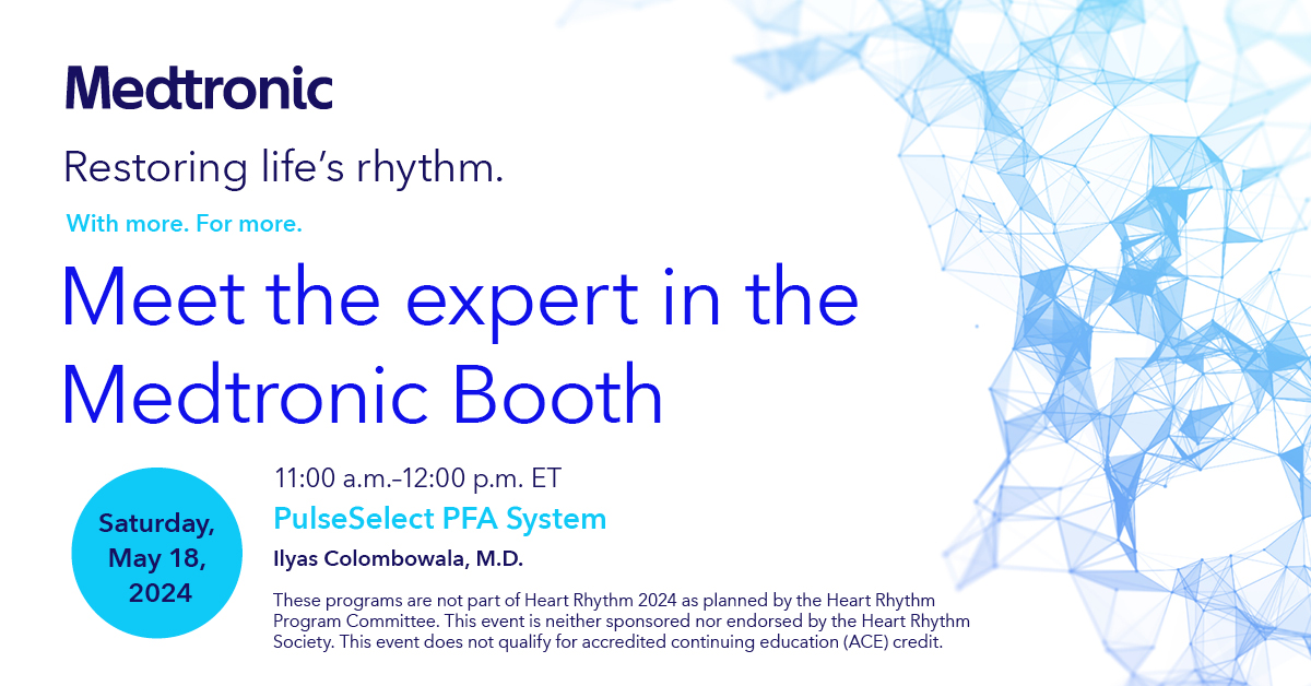 During HRS 2024, stop by the Cardiac Ablation Solutions section of the Medtronic booth to talk to Dr. Colombowala and get your questions answered about the PulseSelect™ PFA system. #epeeps #PFA Learn more: bit.ly/44CCm2k