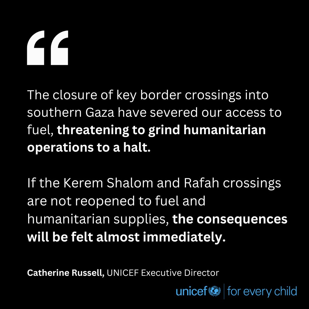 Statement by UNICEF Executive Director Catherine Russell on military operations and border closures in #Rafah, Gaza Read the full statement: bit.ly/4dqexim