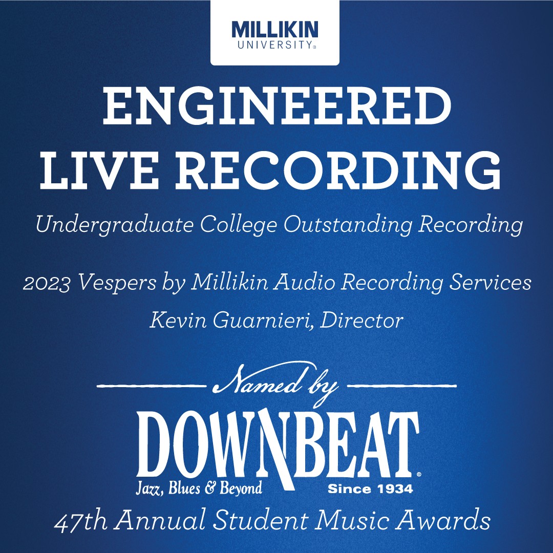 MU School of Music students and faculty won 3 Downbeat Magazine Student Music Awards! Student Starling Merideth, Vocal Jazz Ensemble OneVoice, and the Millikin Audio Recording Service (MARS) received honors from the legendary jazz publication. Read more: millikin.edu/downbeat