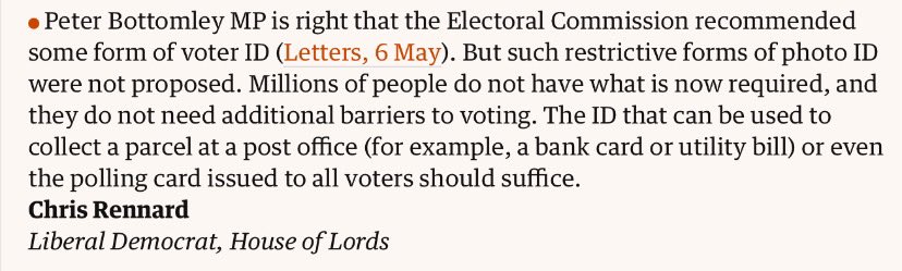 The effects of Photo ID rules on last week’s elections are yet to be analysed. Problems such as people not going to vote because of the rules may be more significant in a general election. The Govt is refusing to accept that the list of acceptable ID should be widened. @guardian