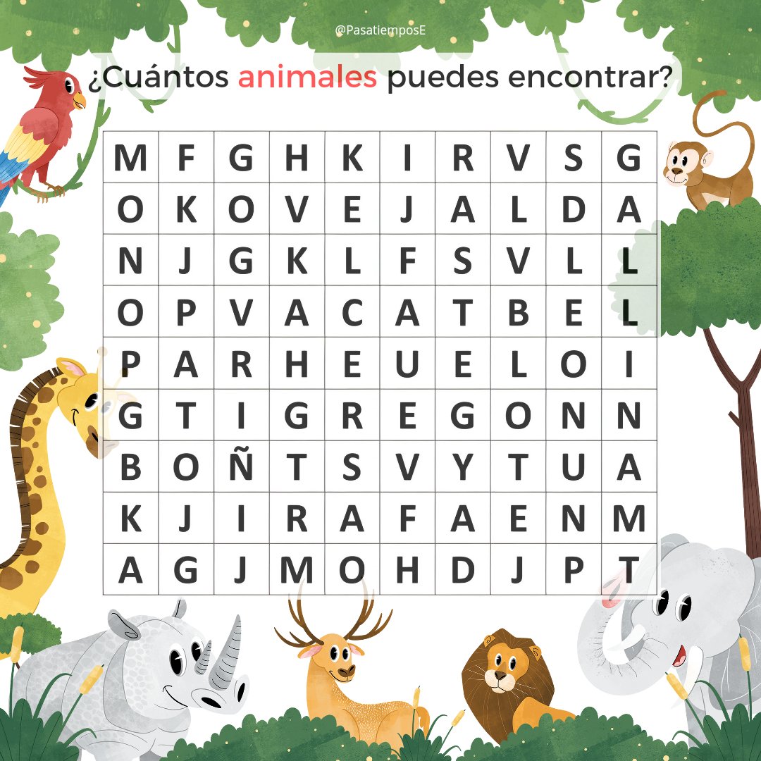 Reto: sopa de letras 🔡!  
¿Cuántos animales eres capaz de encontrar? 🔎
Si te ha gustado ❤comparte el reto 🔄 y deja un mensaje 📩 con la solución!😍

#animales #sopadeletras #reto #puzzle #acertijo #PasatiemposE