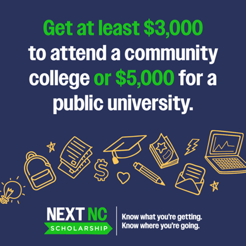 Don’t miss out on money for college! The Next NC Scholarship is here to help NC students from families earning $80,000 or less. Just fill out the FAFSA form to apply. It’s that easy! bit.ly/4aXd15z