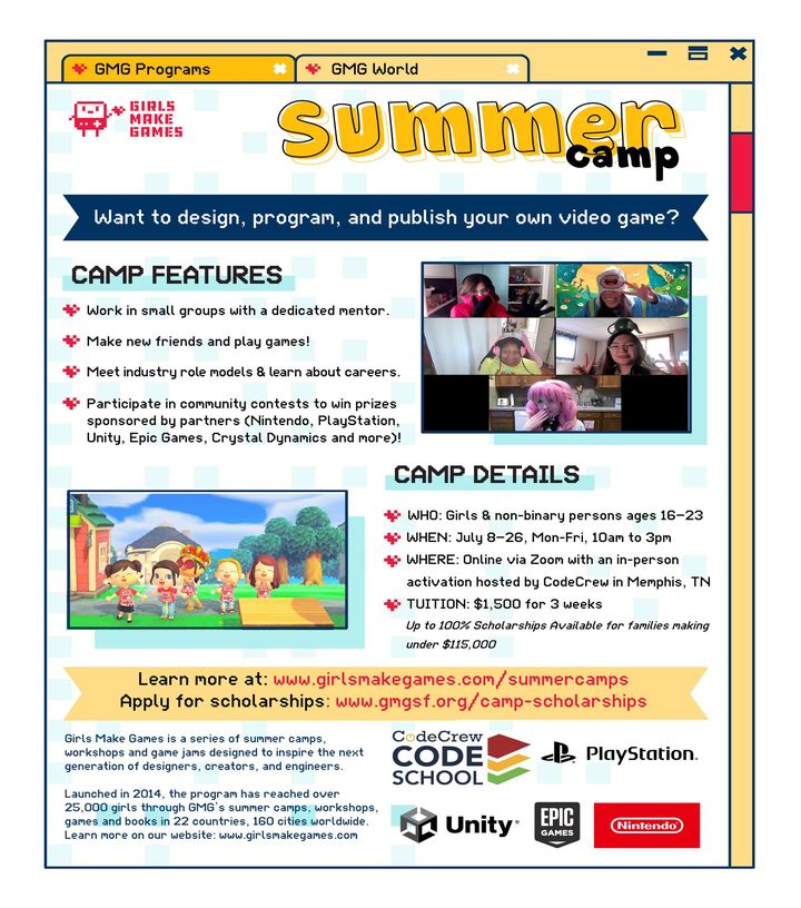 Level up your summer with our historic hybrid summer camp! 🌞💻 In partnership with @GirlsMakeGames, we're raising the joystick with @PlayStation, @EpicGames, @unity, and @NintendoAmerica! 🚀 3 weeks! 👾 Age 16-23, July 8-26. 📚 Scholarships available! gmgsf.org/camp-scholarsh….