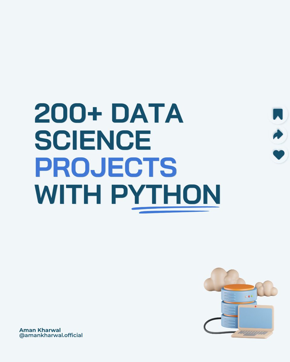 amankk_9's tweet image. If you are looking to improve your #DataScience skills, this is for you. Here&apos;s a list of 200+ Data Science projects based on real-time business problems, solved &amp;amp; explained with #Python. Includes projects like:

1. Electric Vehicles Market Size Analysis
2. Music Recommendation…