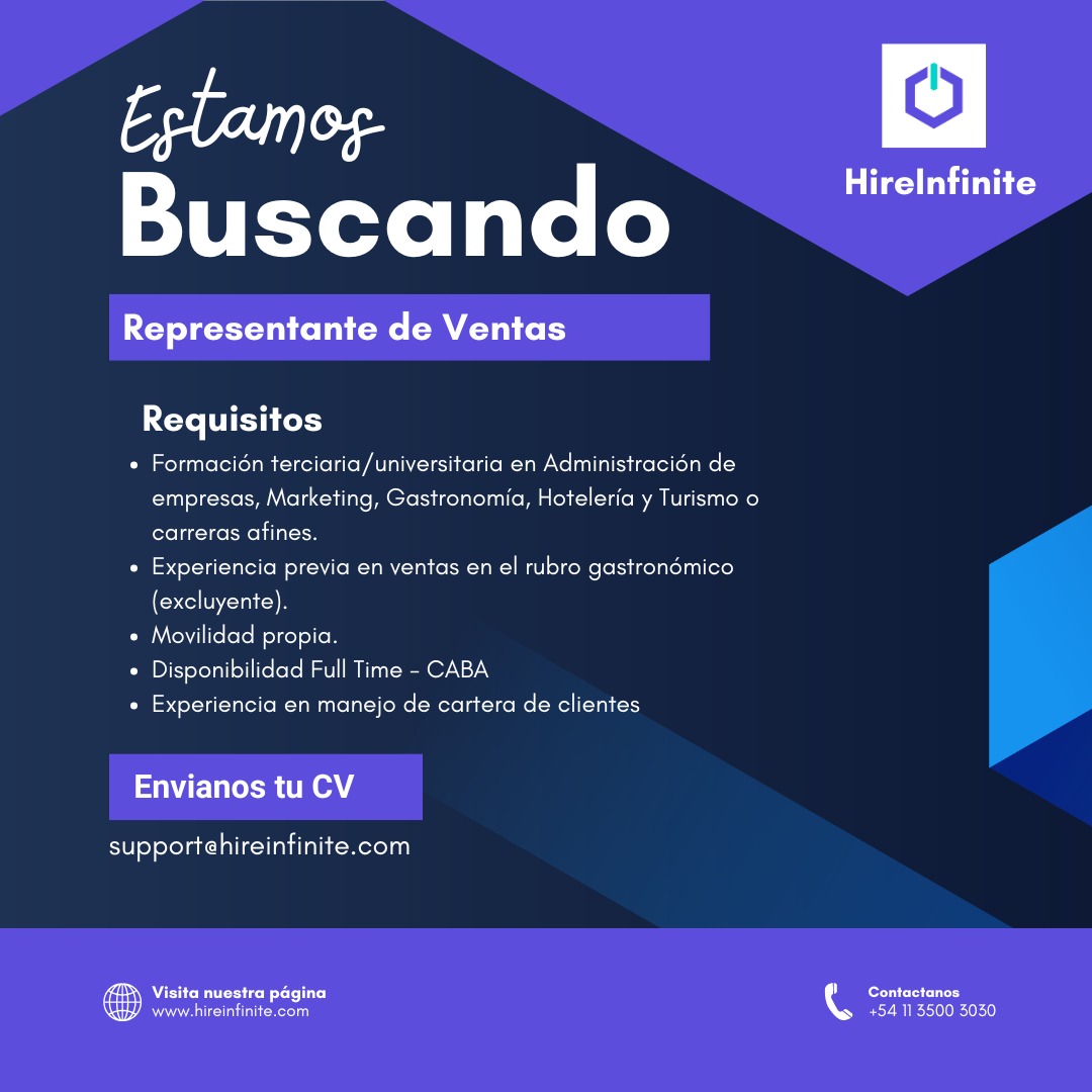 HireInfinite_'s tweet photo. 𝐑𝐞𝐩𝐫𝐞𝐬𝐞𝐧𝐭𝐚𝐧𝐭𝐞 𝐝𝐞 𝐕𝐞𝐧𝐭𝐚𝐬
📍Presencial (CABA, Argentina) https://t.co/FSZdDYXJWM