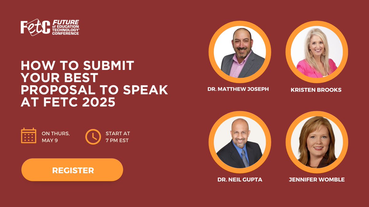 TONIGHT!!! Don’t miss this webinar to support applicants who want to submit proposals to speak at the Future of Education Technology Conference January 14-17, 2025 in Orlando, FL!! 📣 Excited to have Superintendent @drneilgupta , Assistant Superintendent @MatthewXJoseph Ed.D.…