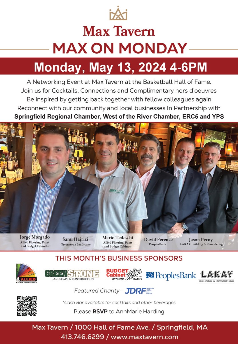 Mark your calendars for Monday, May 13th for a night of connection, cocktails, & hors d'oeuvres! Max on Monday is proudly presented in collaboration with the Springfield Regional Chamber, @ourwrc, @ERC5CHAMBER, & Young Professional Society of Greater Springfield. See you there!