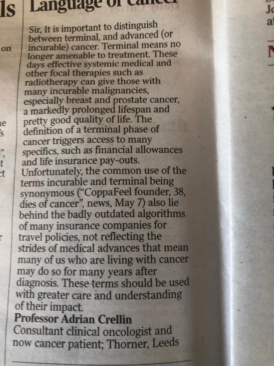 An excellent letter in @thetimes today by @CrellinAdrian highlighting the important need to get the language of “living with cancer” right. 👏👏 And an urgent need for insurance companies to update their algorithms to reflect the advances in radiotherapy and systemic treatments.