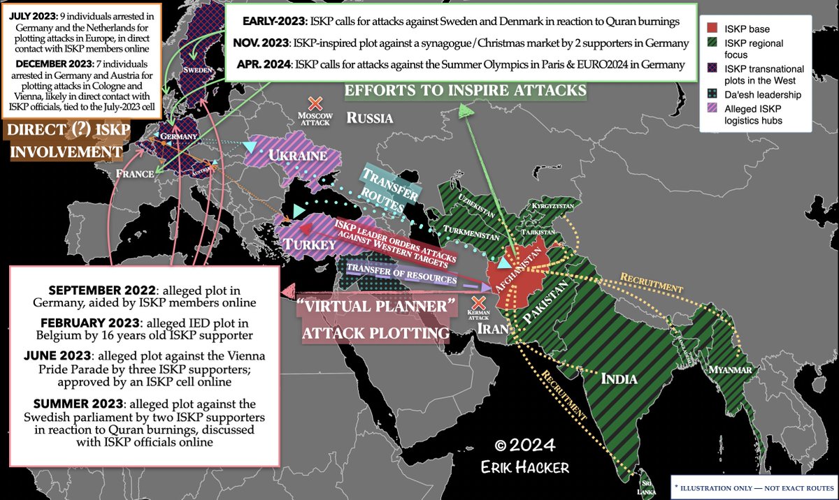 I don’t want to doompost, but with major events coming up in Europe (Eurovision, EURO2024, Olympic Games), we might be hearing a lot about ISKP again over the next months, so I made an ISKP external ops 101 map with the basics. 1/4🧵