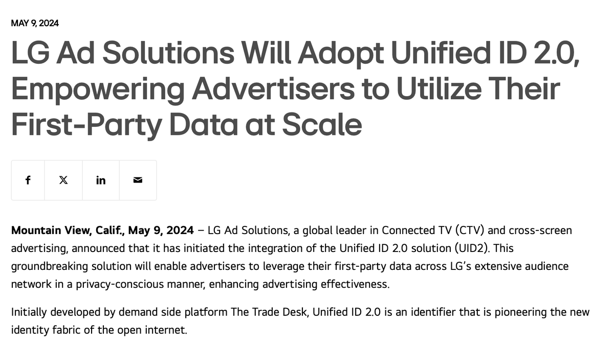Great to see one of the biggest TV OEMs who are driving the global adoption of FAST, now supporting UID2 👏

lgads.tv/press_release/…