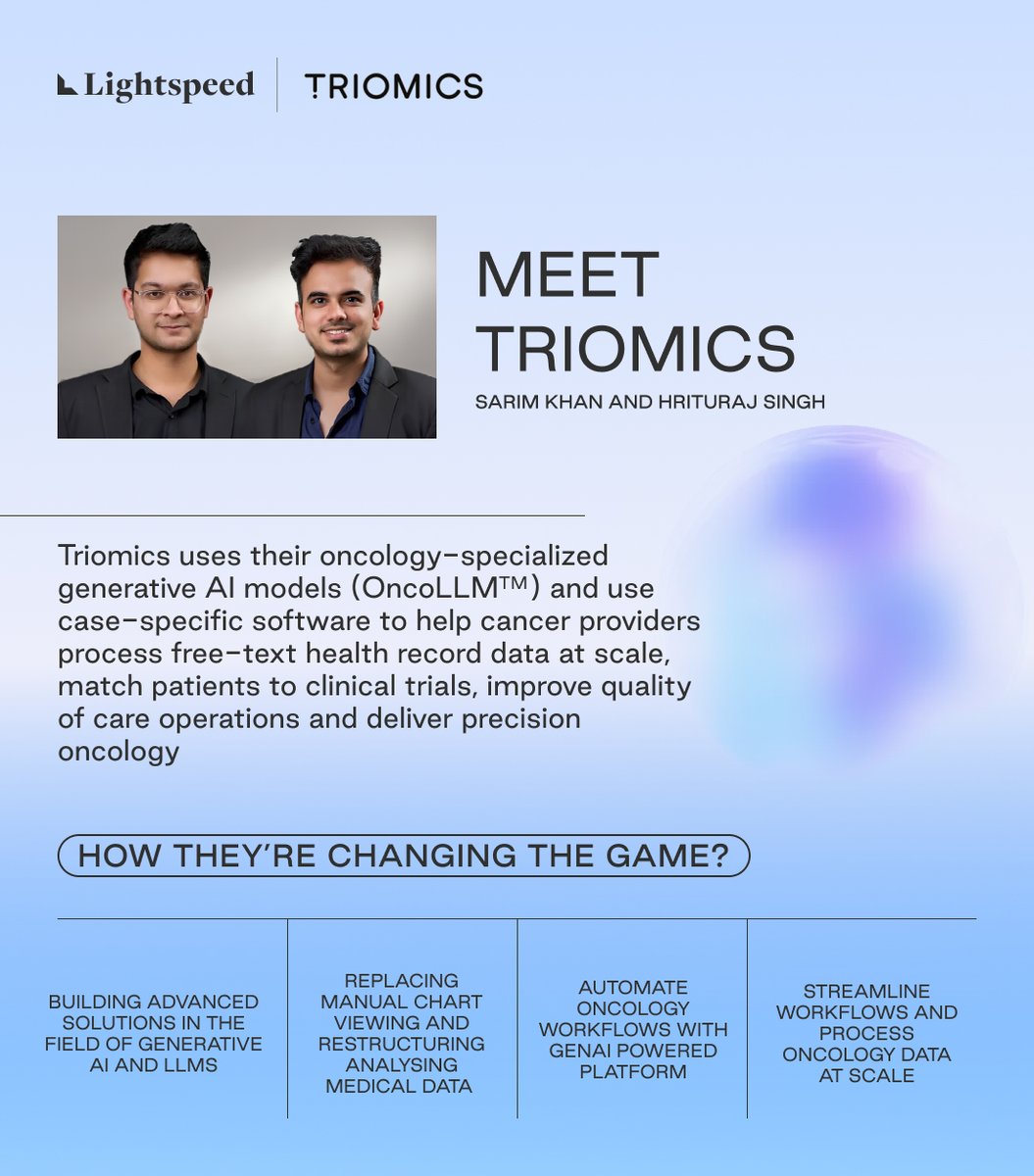 We are happy to support @Triomicsinc and the team @k__sarim and @hrituraj1997 as they transform how medical data is analysed and help doctors and patients. What's exciting? 🔬 AI is poised to revolutionize healthcare, impacting drug discovery, clinical trials, and care delivery.…