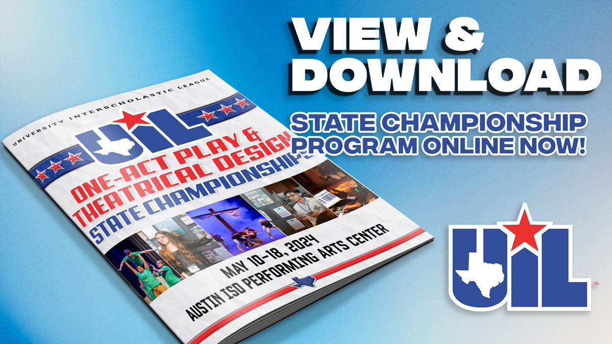 The #UILState Theatrical Design and One-Act Play Program is now available 🎭 📍Austin ISD, Performing Arts Center 5/10-5/11 - Theatrical Design 5/13-5/18 - One-Act Play Program 📖 bit.ly/24UILOAPProgram